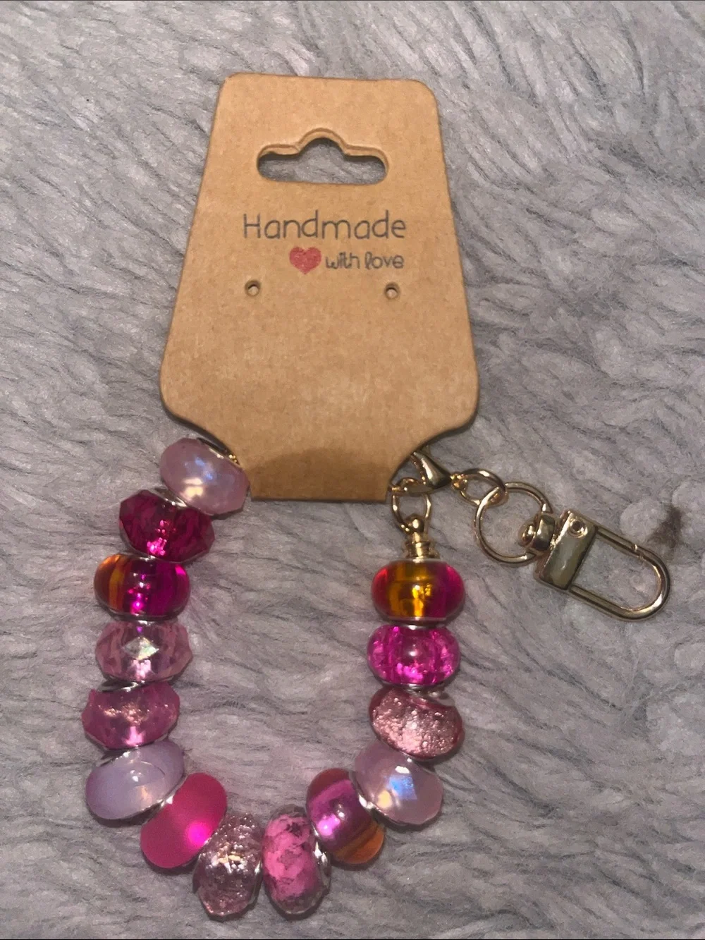Handmade Pink Beaded Wristlet Keychain Gold Clasp Gift Ready Perfect Gift Idea 1